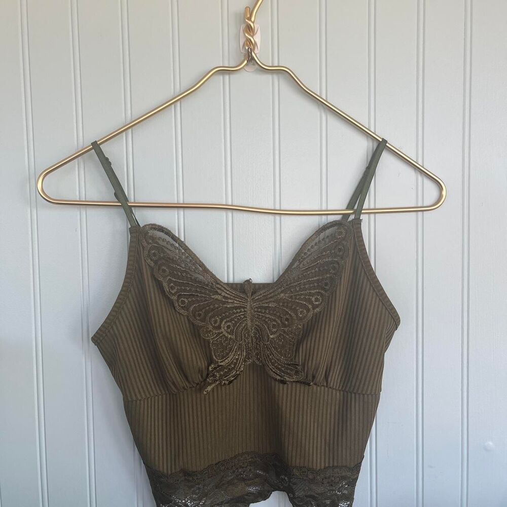 Olive Green Butterfly Cami Top W/ Lace Trim Sz XS
